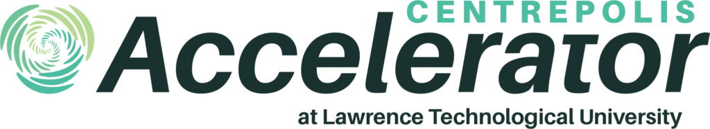 Centrepolis Accelerator logo with a green circular swirl and bold text that reads “Accelerator” and “CENTREPOLIS,” plus “at Lawrence Technological University” in smaller print below.
